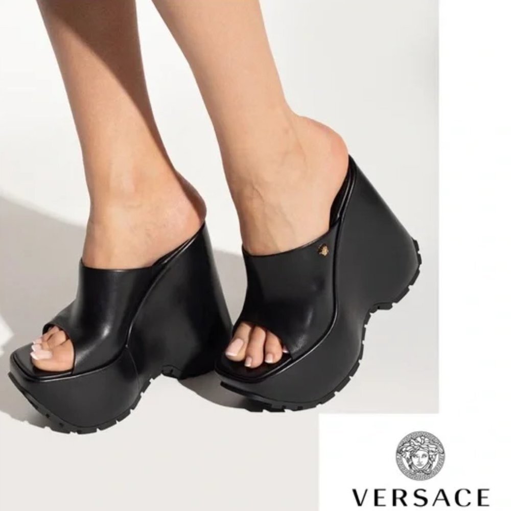 Authentic Versace Leather Platform Wedge Mules 💎 - Picture 1 of 17